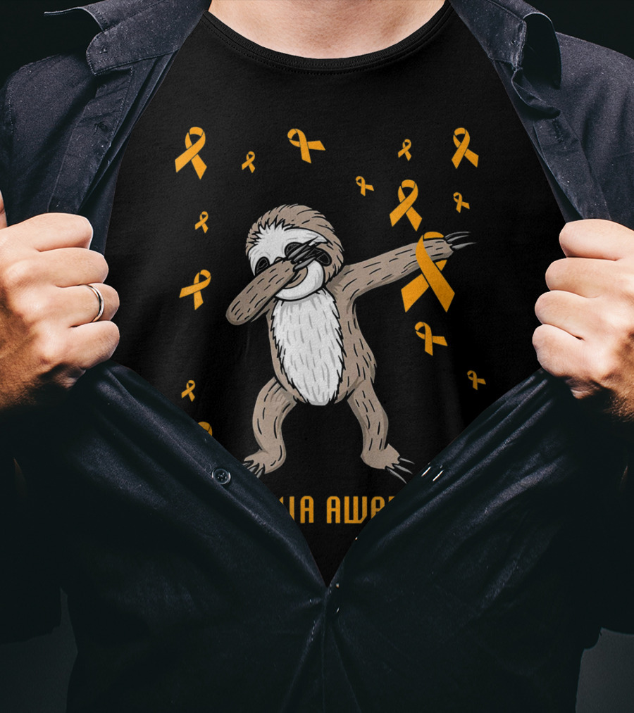 Leukemia Awareness Dabbing Sloth With Orange Ribbons T-Shirt