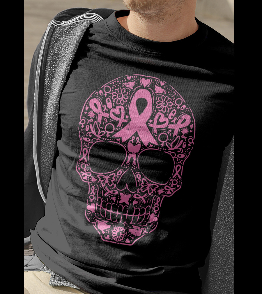 Sugar Skull Pink Ribbon Breast Cancer Awareness Calavera T-Shirt