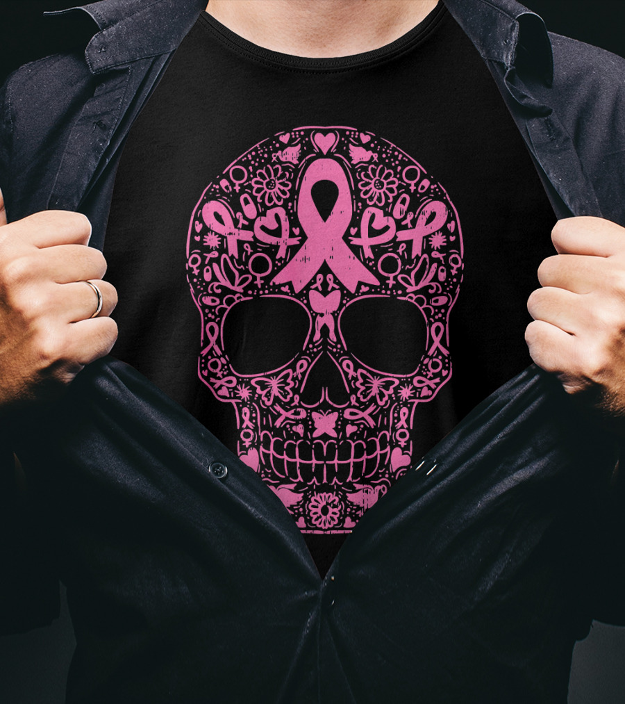 Sugar Skull Pink Ribbon Breast Cancer Awareness Calavera T-Shirt