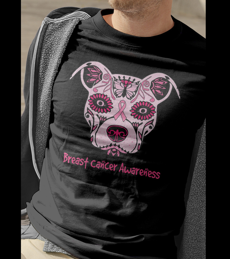 Sugar Pitbull Dog Breast Cancer Awareness Pink Ribbon T-Shirt