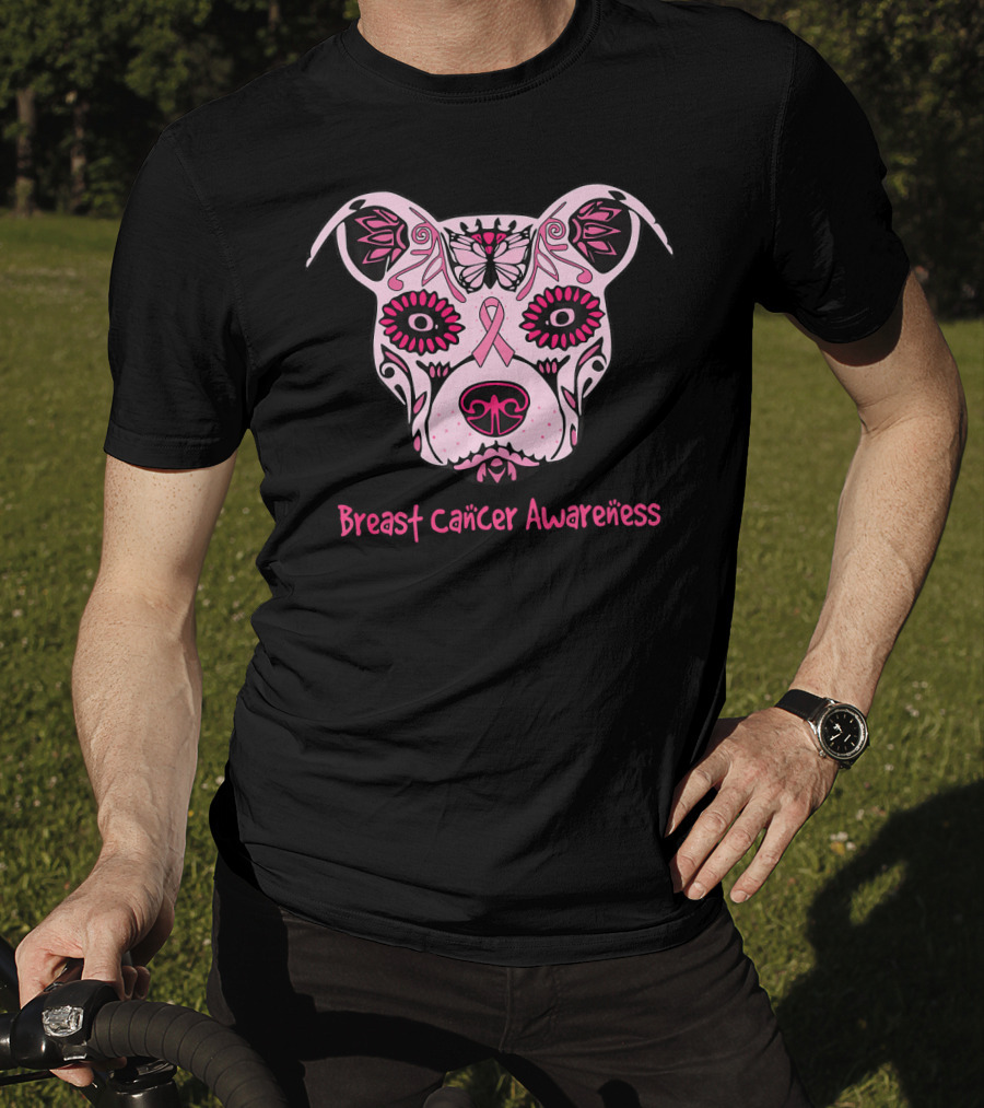 Sugar Pitbull Dog Breast Cancer Awareness Pink Ribbon T-Shirt