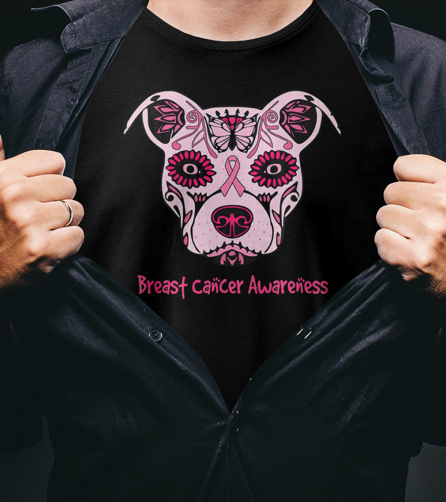 Sugar Pitbull Dog Breast Cancer Awareness Pink Ribbon T-Shirt