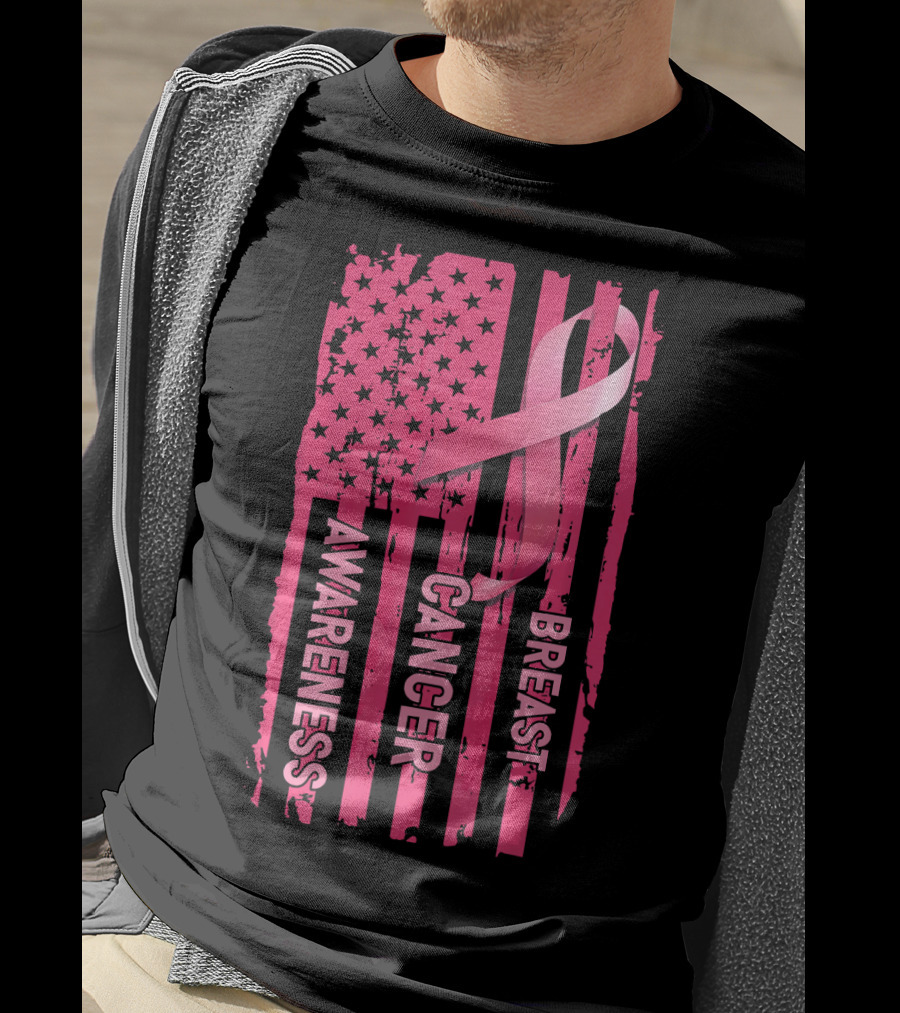 American Flag Pink Ribbon Breast Cancer Awareness T-Shirt