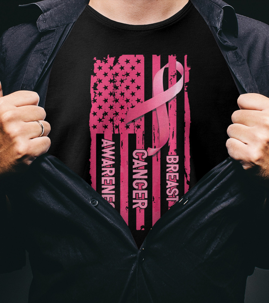 American Flag Pink Ribbon Breast Cancer Awareness T-Shirt