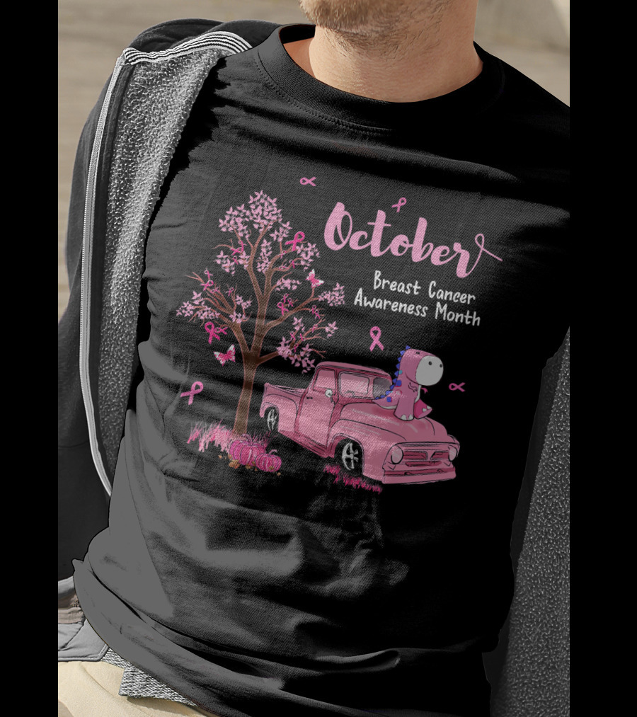 October Pink Ribbon Pumpkin Truck Dinosaur Breast Cancer Awareness Month T-Shirt