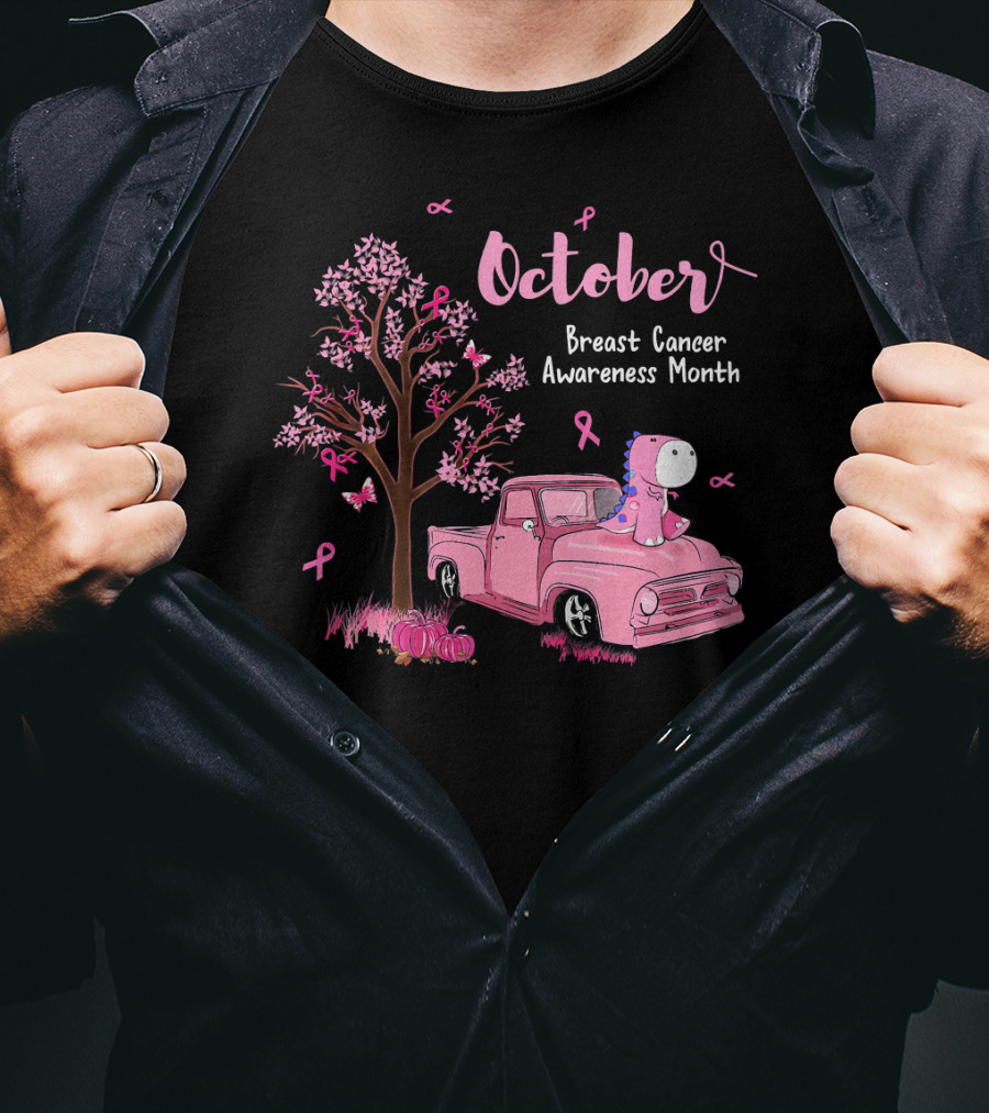 October Pink Ribbon Pumpkin Truck Dinosaur Breast Cancer Awareness Month T-Shirt