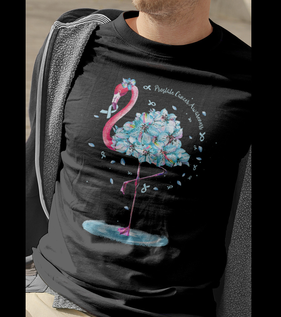Prostate Cancer Awareness Light Blue Ribbon Flamingo Floral T-Shirt