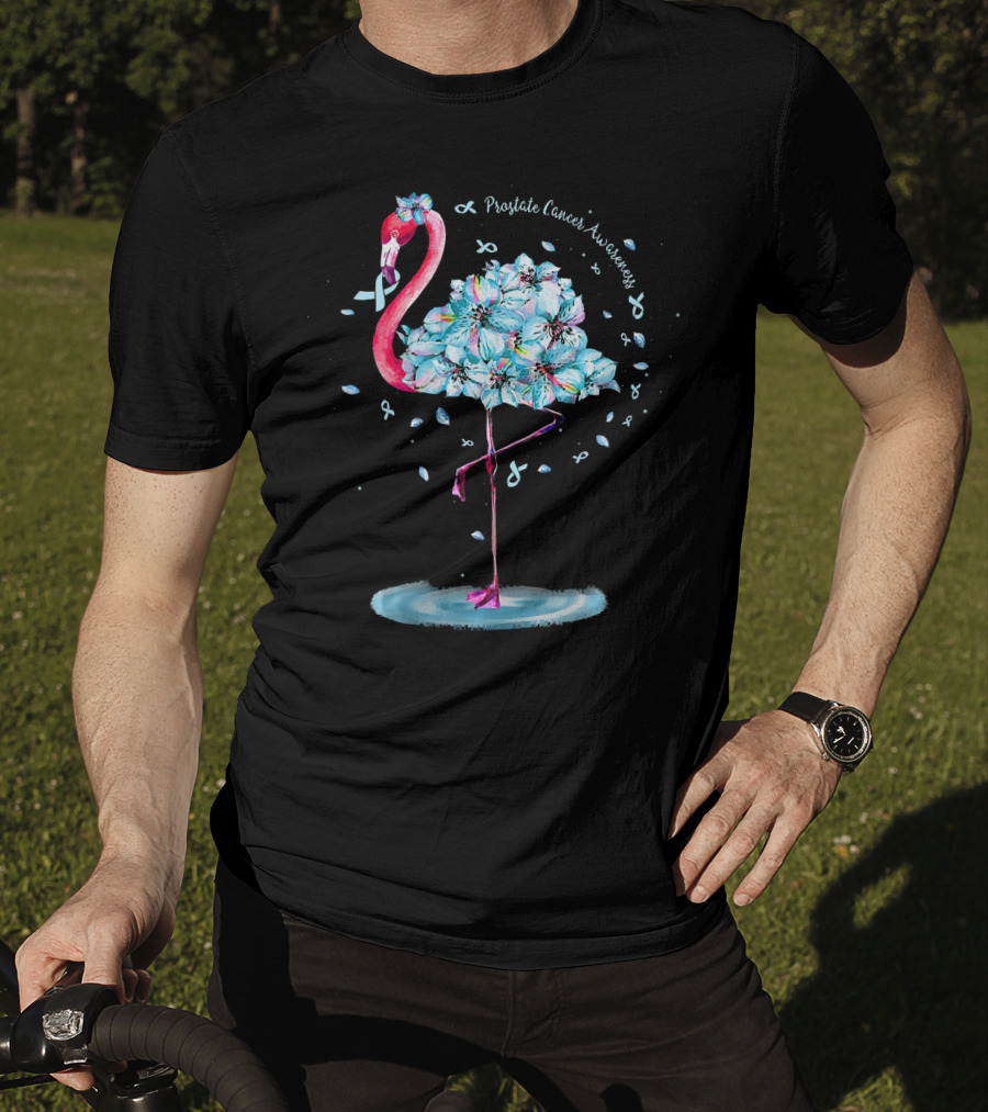 Prostate Cancer Awareness Light Blue Ribbon Flamingo Floral T-Shirt