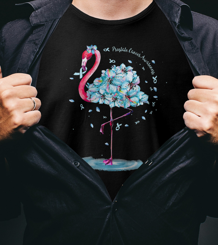 Prostate Cancer Awareness Light Blue Ribbon Flamingo Floral T-Shirt
