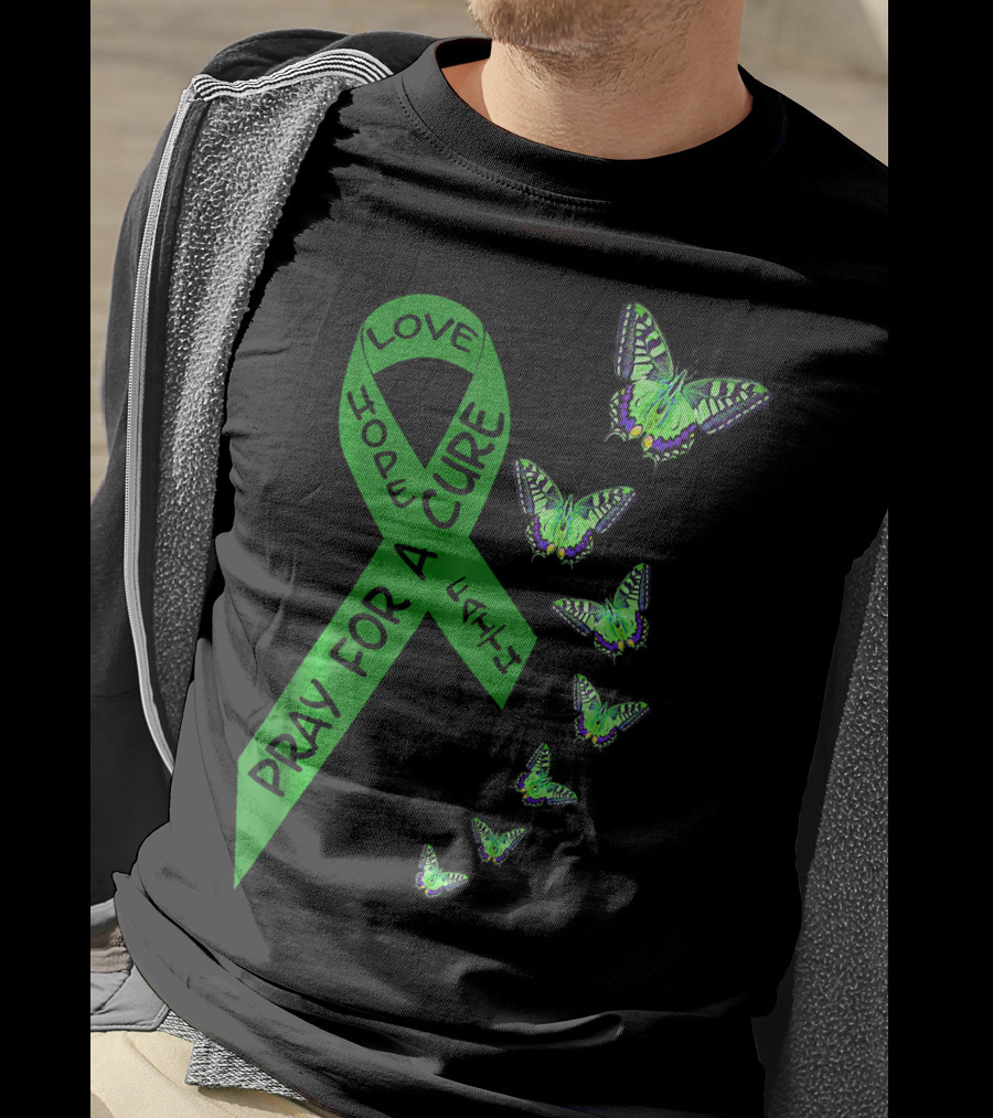 Liver Cancer Awareness Green Ribbon Pray For A Cure Hope Faith Love Butterflies T-Shirt