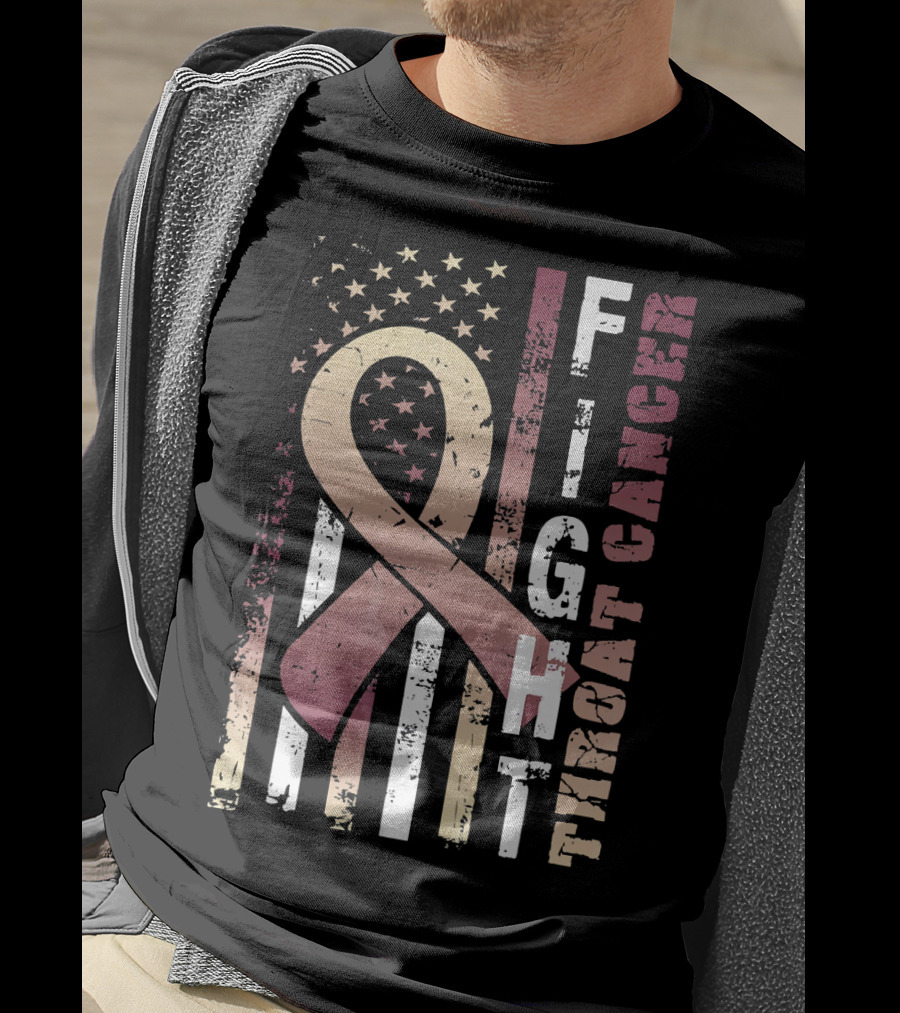 Fight Throat Cancer Awareness Ribbon American Flag T-Shirt