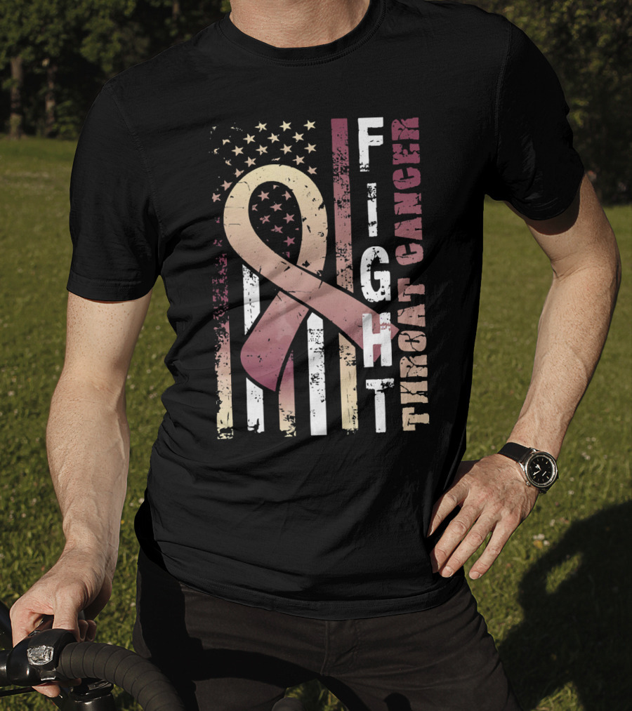 Fight Throat Cancer Awareness Ribbon American Flag T-Shirt