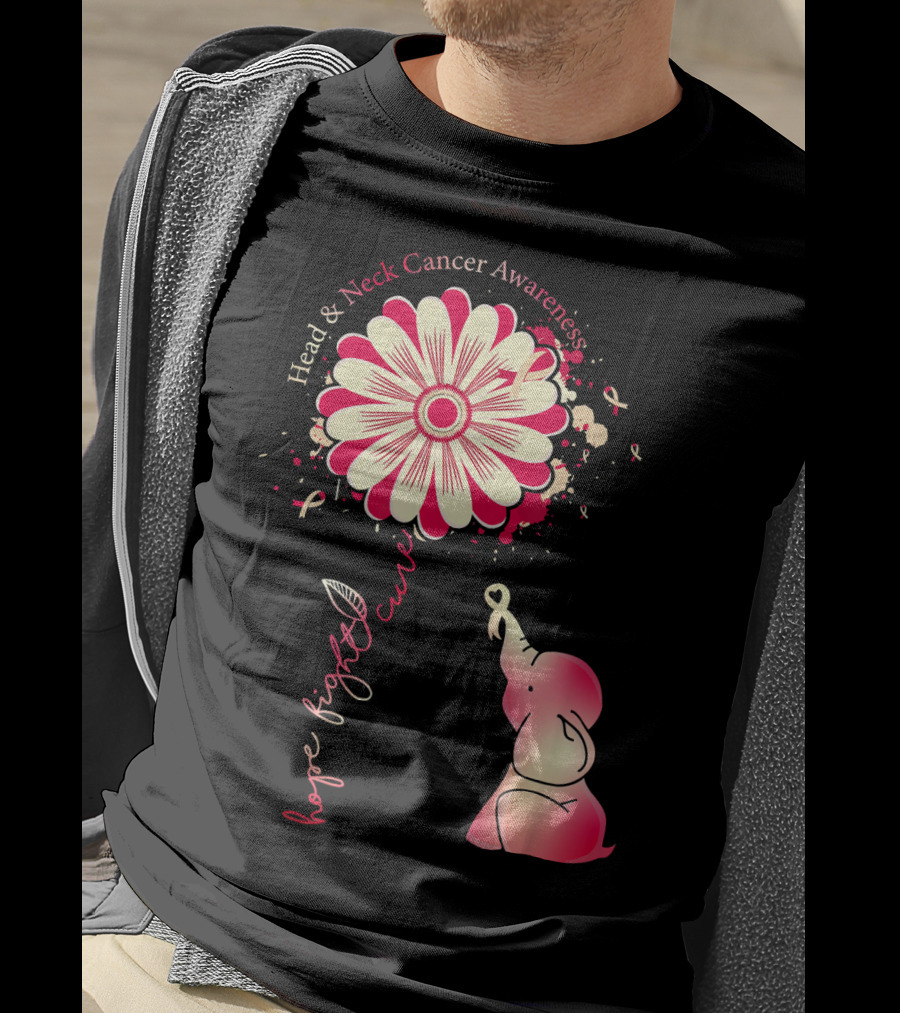 Head And Neck Cancer Awareness White And Burgundy Ribbon Hope Fight Cure Elephant Flower T-Shirt