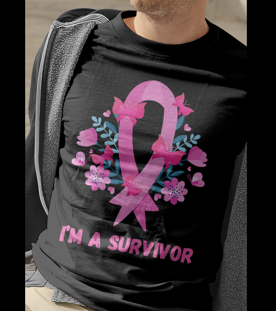I'm A Survivor Pink Ribbon Butterfly Floral Breast Cancer T-Shirt
