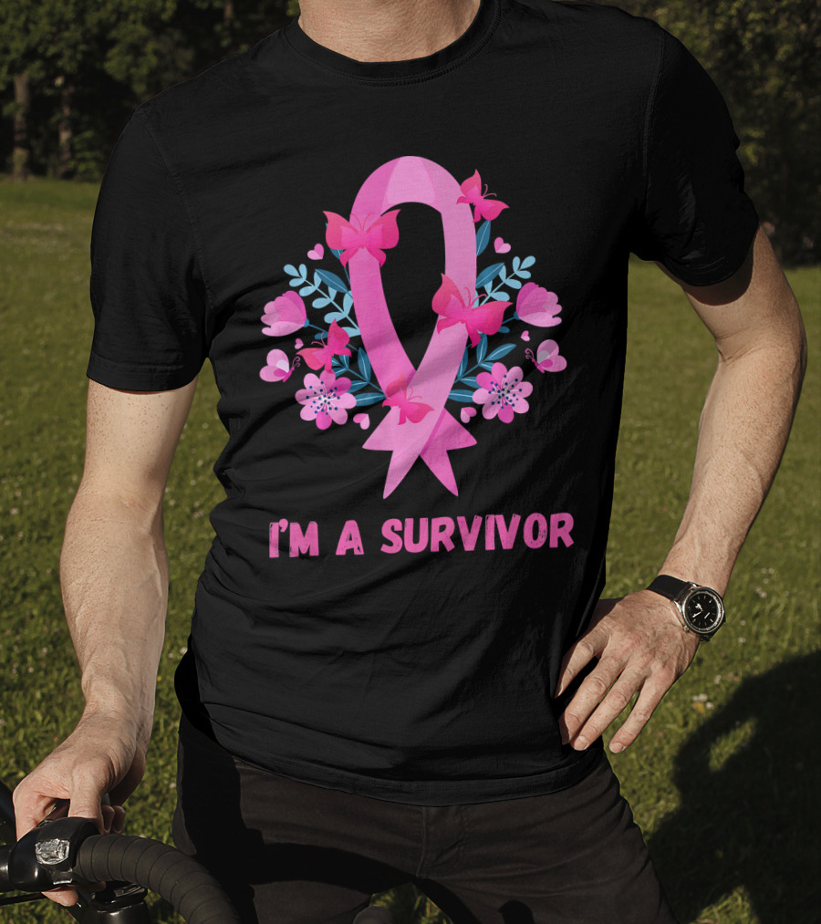 I'm A Survivor Pink Ribbon Butterfly Floral Breast Cancer T-Shirt