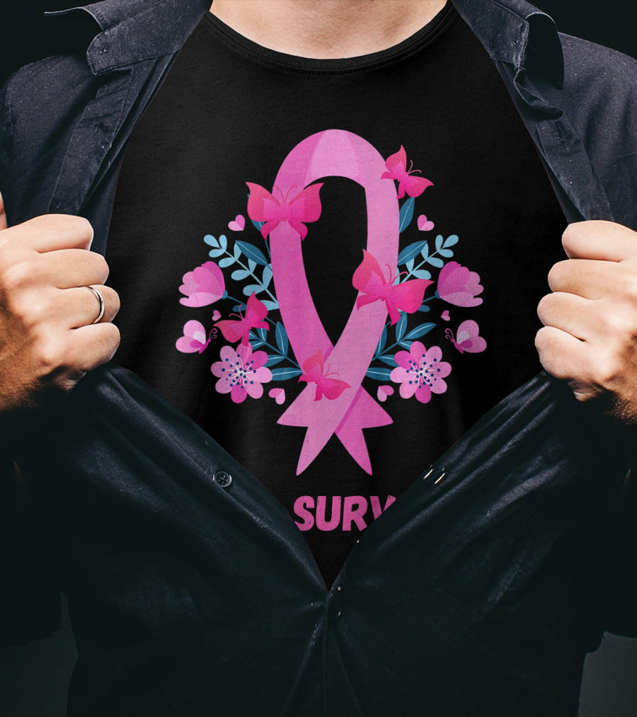 I'm A Survivor Pink Ribbon Butterfly Floral Breast Cancer T-Shirt