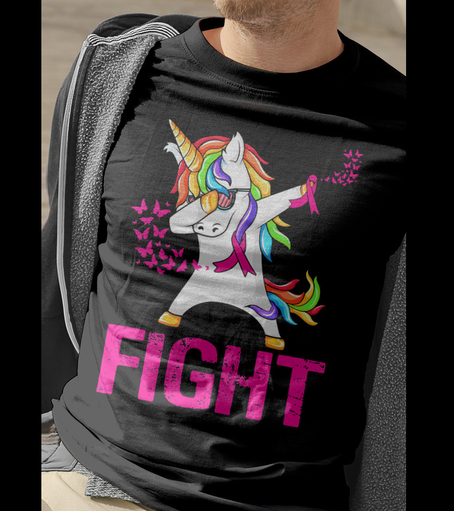Fight Breast Cancer Awareness Unicorn Dabbing With Rainbow Mane And Butterflies T-Shirt