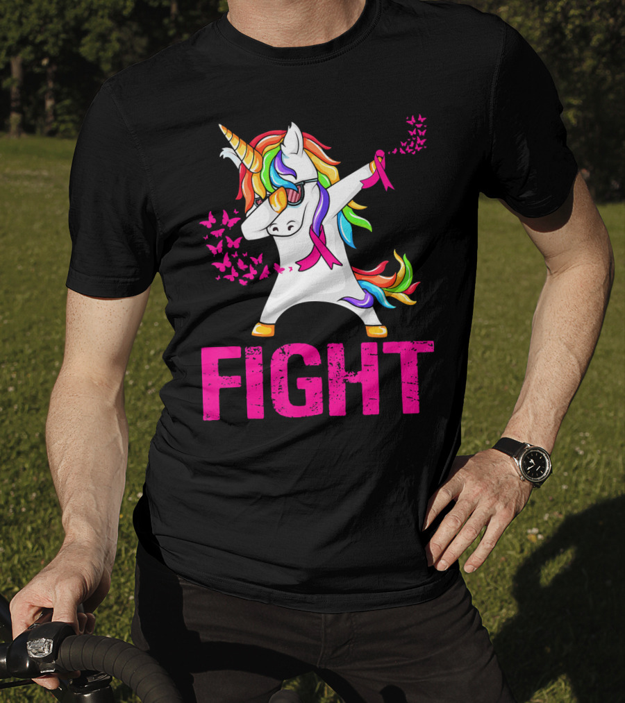 Fight Breast Cancer Awareness Unicorn Dabbing With Rainbow Mane And Butterflies T-Shirt