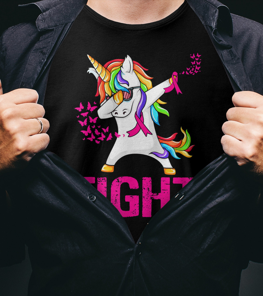 Fight Breast Cancer Awareness Unicorn Dabbing With Rainbow Mane And Butterflies T-Shirt