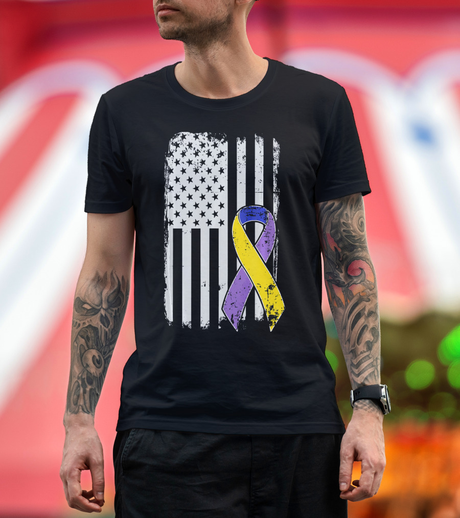 Bladder Cancer Awareness Distressed American Flag Purple Gold T-Shirt