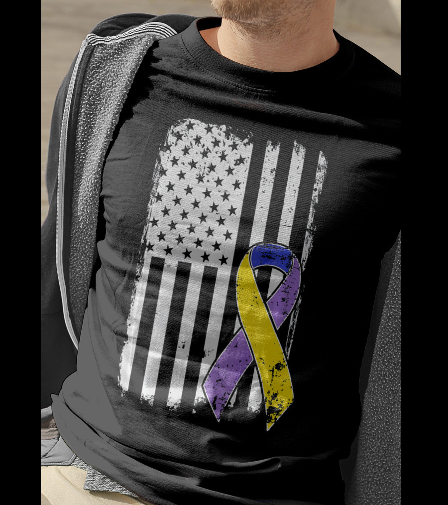 Bladder Cancer Awareness Distressed American Flag Purple Gold T-Shirt