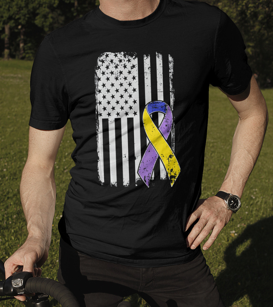 Bladder Cancer Awareness Distressed American Flag Purple Gold T-Shirt