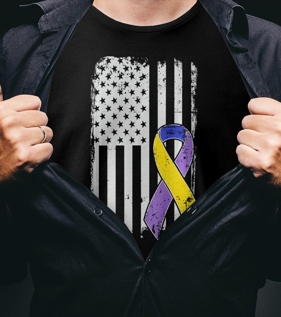 Bladder Cancer Awareness Distressed American Flag Purple Gold T-Shirt