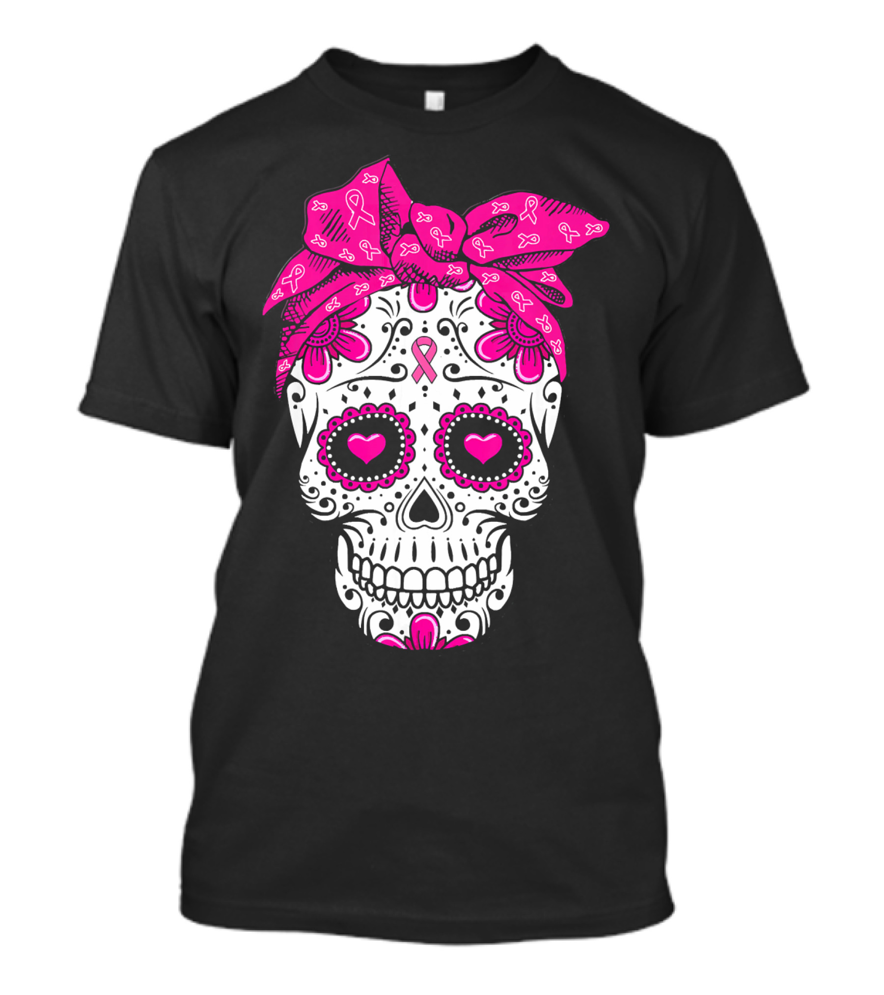 Sugar Skull With Pink Bow And Breast Cancer T-Shirt