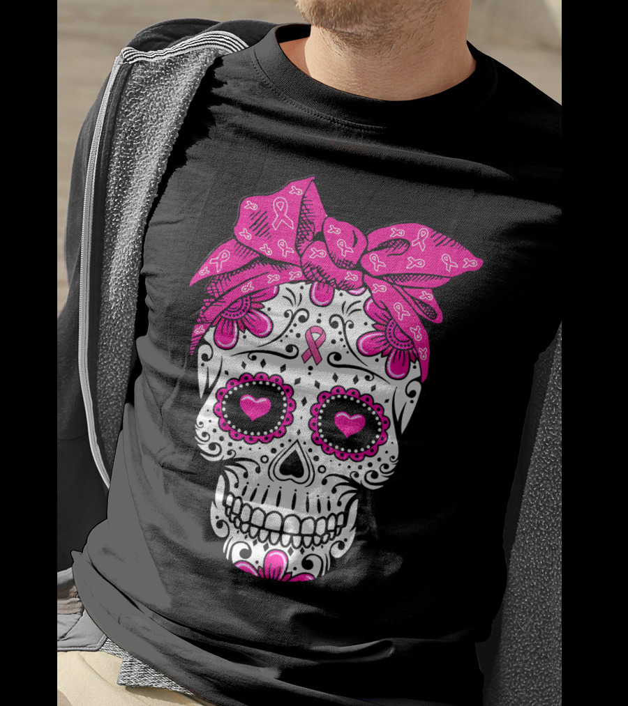 Sugar Skull With Pink Bow And Breast Cancer T-Shirt