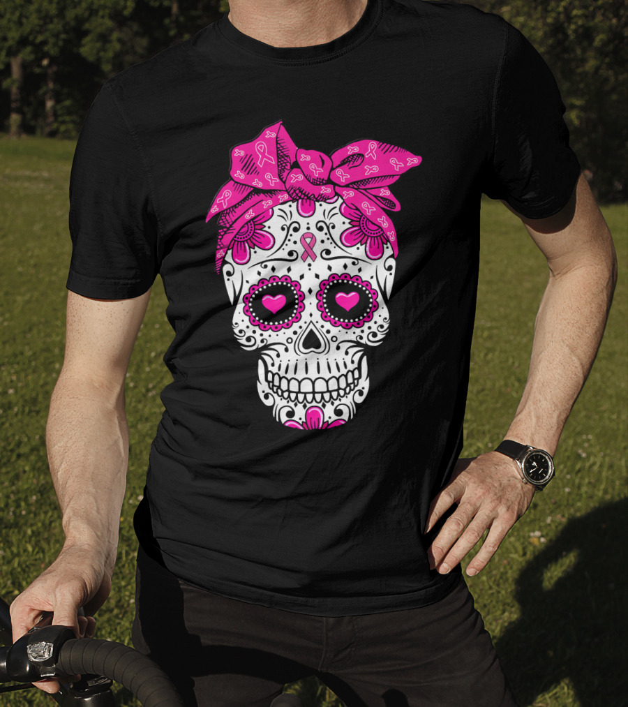 Sugar Skull With Pink Bow And Breast Cancer T-Shirt