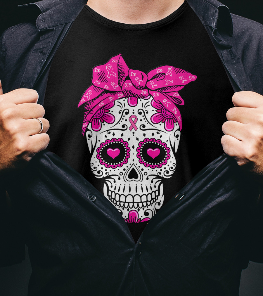 Sugar Skull With Pink Bow And Breast Cancer T-Shirt