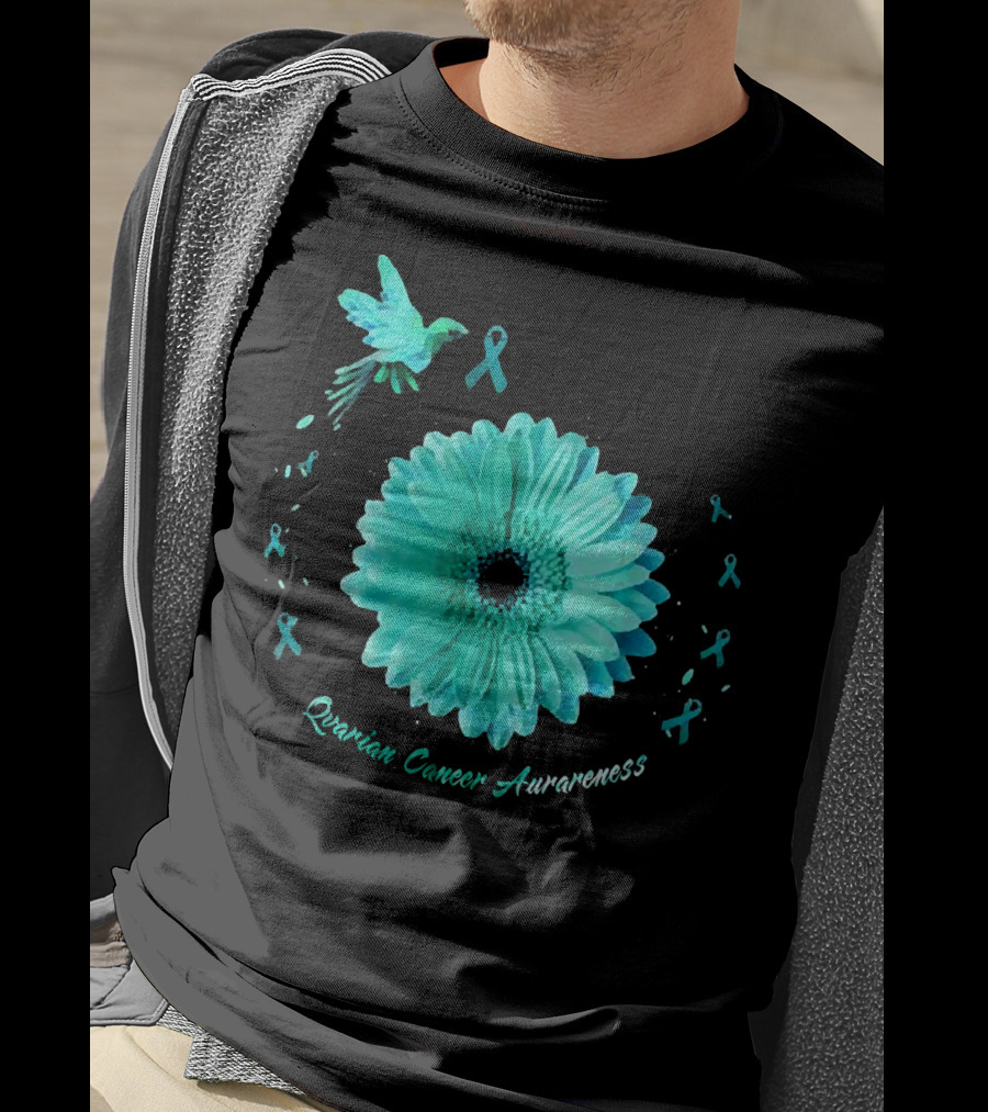 Teal Daisy Bird Ribbon Ovarian Cancer Awareness T-Shirt