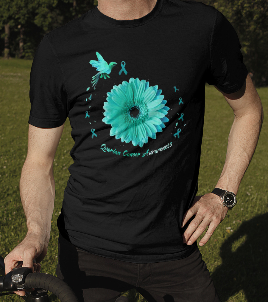 Teal Daisy Bird Ribbon Ovarian Cancer Awareness T-Shirt