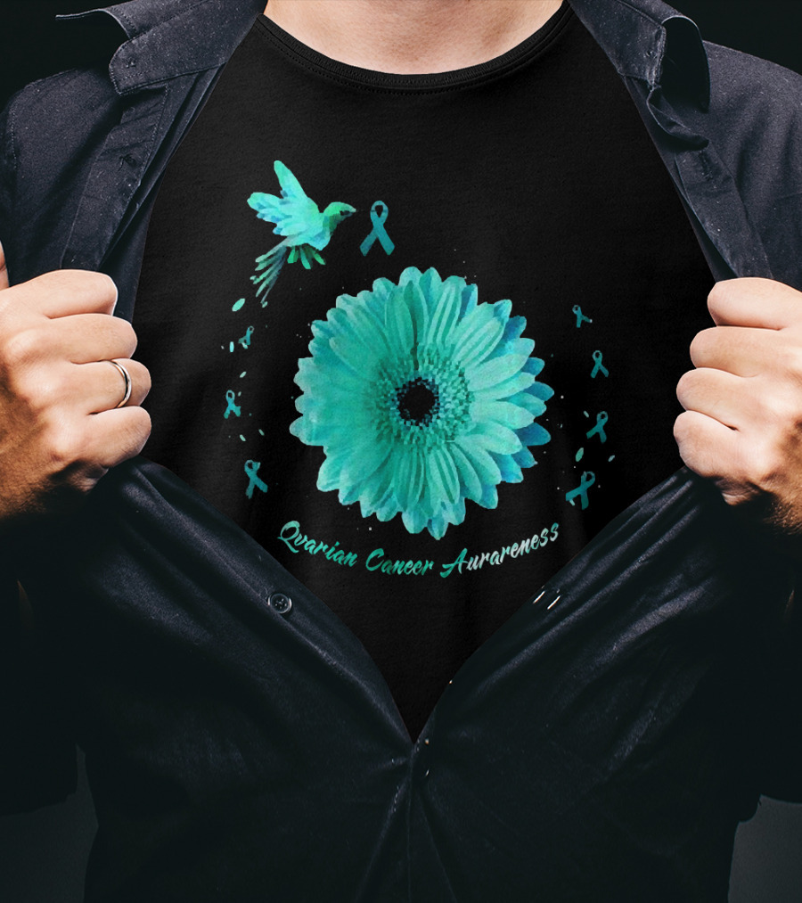 Teal Daisy Bird Ribbon Ovarian Cancer Awareness T-Shirt