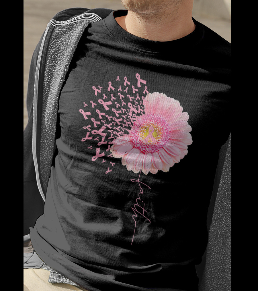 Faith Pink Ribbon Daisy Flower Breast Cancer Awareness T-Shirt