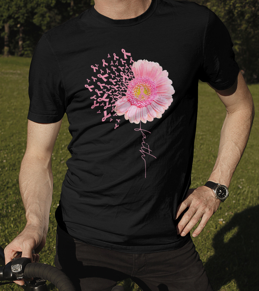 Faith Pink Ribbon Daisy Flower Breast Cancer Awareness T-Shirt