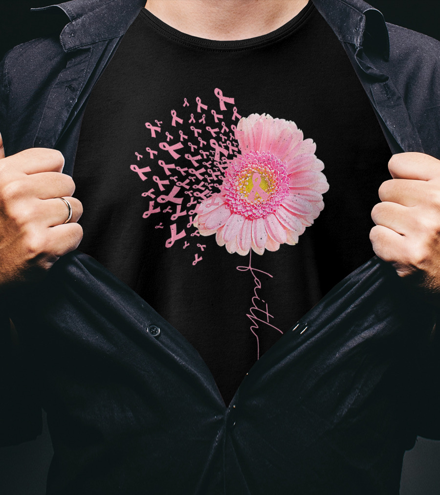 Faith Pink Ribbon Daisy Flower Breast Cancer Awareness T-Shirt