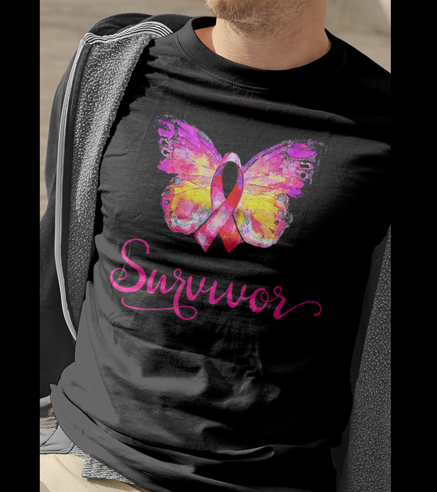 Survivor Butterfly Pink Ribbon Breast Cancer Awareness T-Shirt
