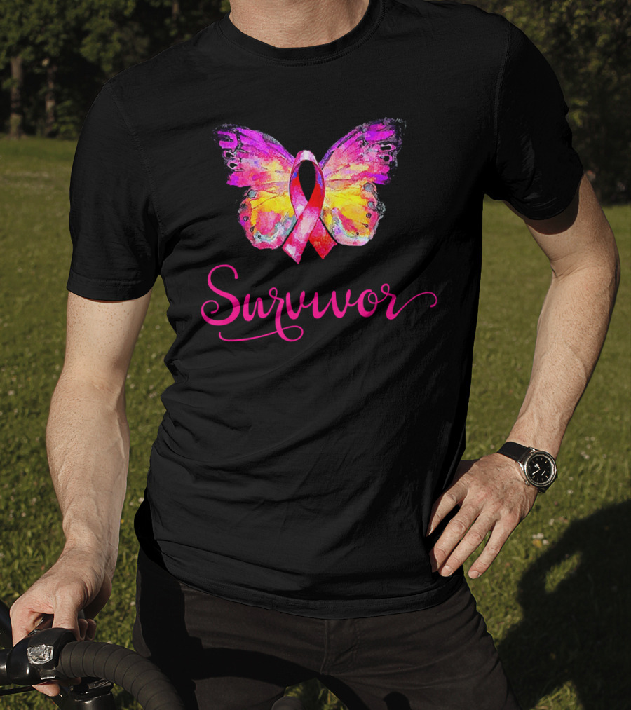 Survivor Butterfly Pink Ribbon Breast Cancer Awareness T-Shirt