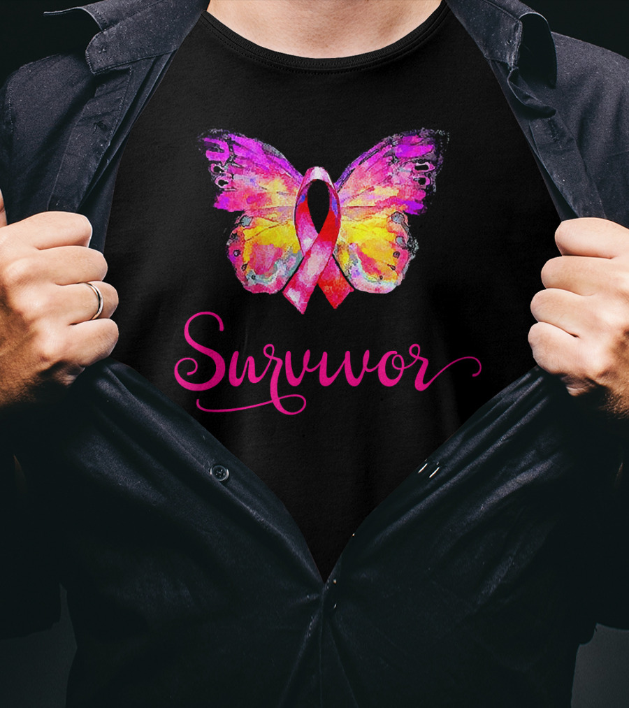 Survivor Butterfly Pink Ribbon Breast Cancer Awareness T-Shirt