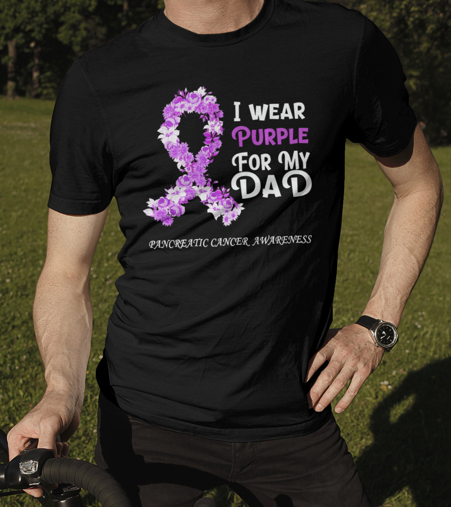 I Wear Purple For My Dad Pancreatic Cancer Awareness Flower T-Shirt