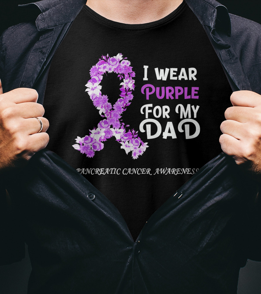 I Wear Purple For My Dad Pancreatic Cancer Awareness Flower T-Shirt