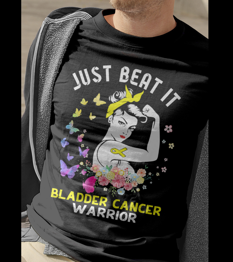 Just Beat It Bladder Cancer Warrior Butterfly Ribbon Floral Fighter T-Shirt