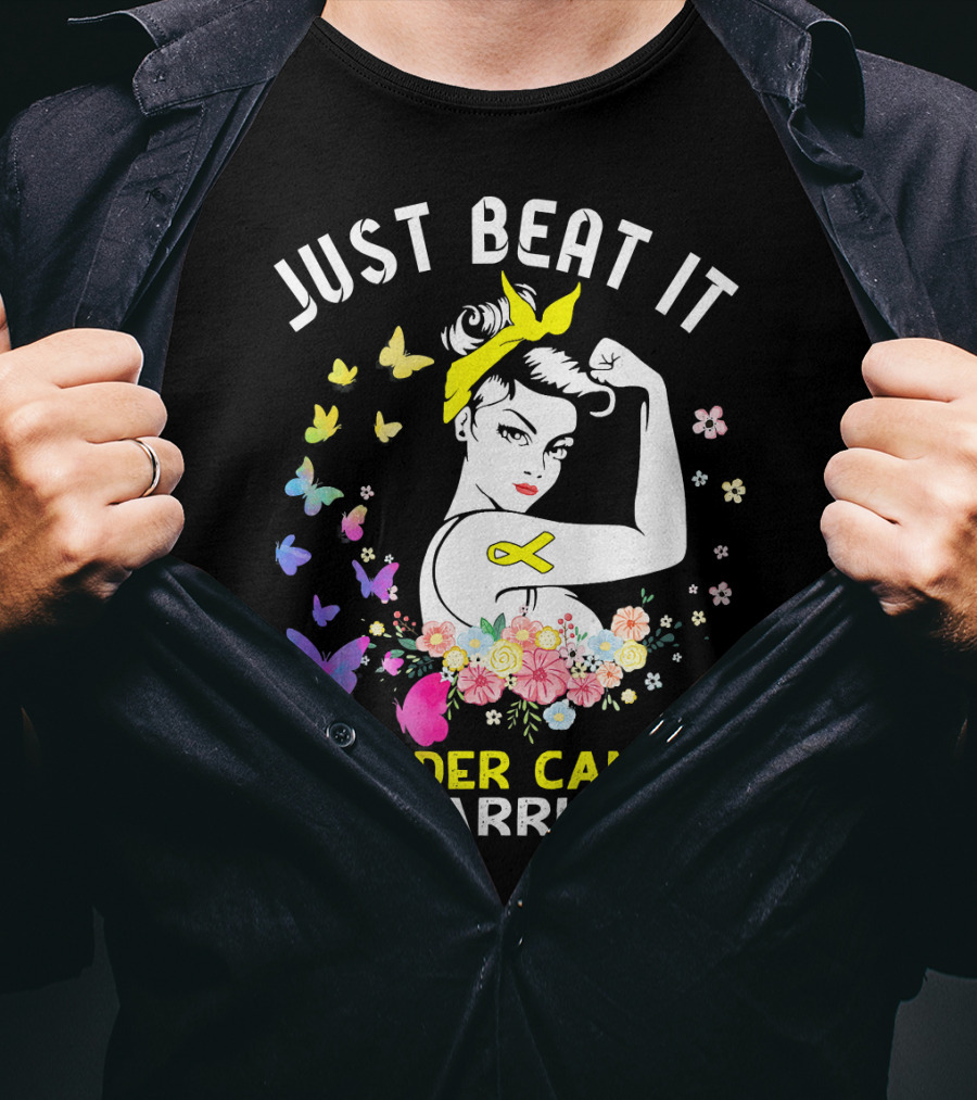 Just Beat It Bladder Cancer Warrior Butterfly Ribbon Floral Fighter T-Shirt