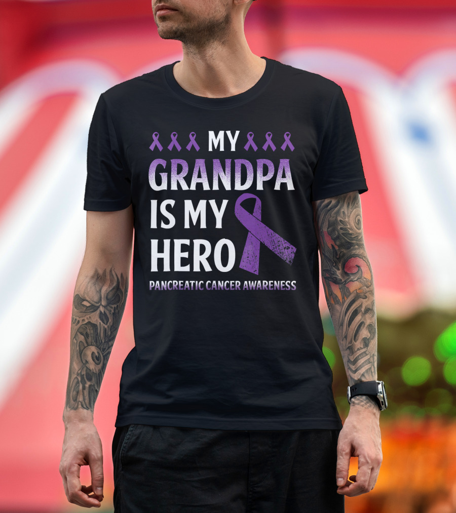 My Grandpa Is My Hero Pancreatic Cancer Awareness Purple Ribbons T-Shirt