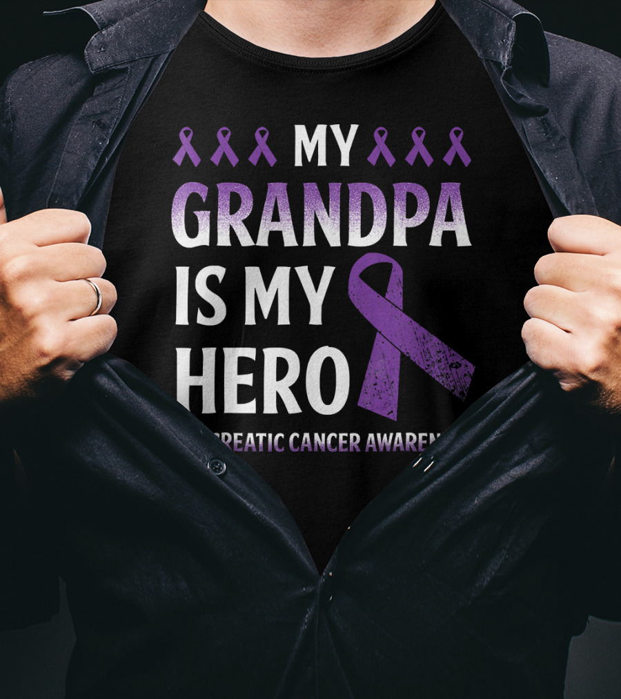 My Grandpa Is My Hero Pancreatic Cancer Awareness Purple Ribbons T-Shirt