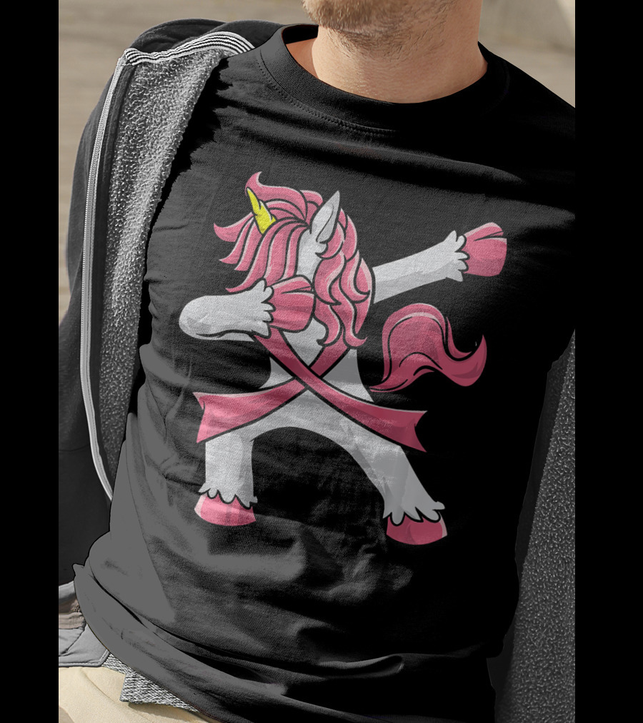 Pink Ribbon Dabbing Unicorn Breast Cancer Awareness T-Shirt