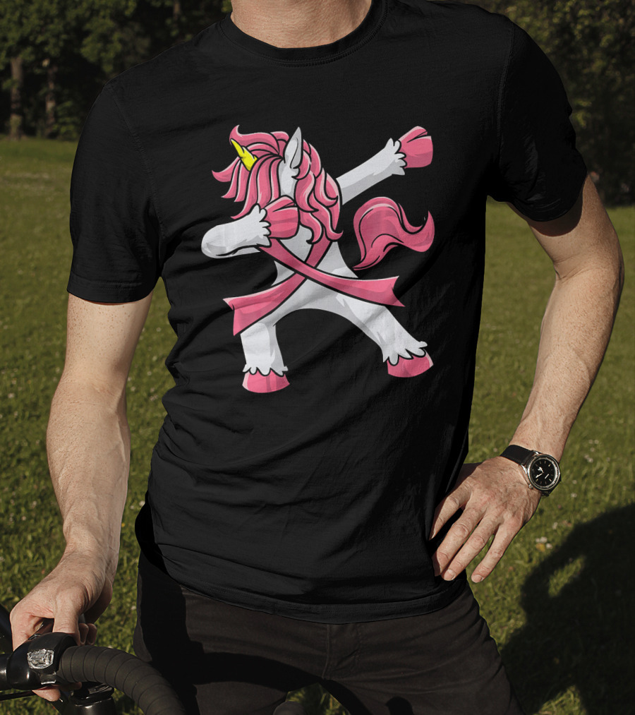 Pink Ribbon Dabbing Unicorn Breast Cancer Awareness T-Shirt