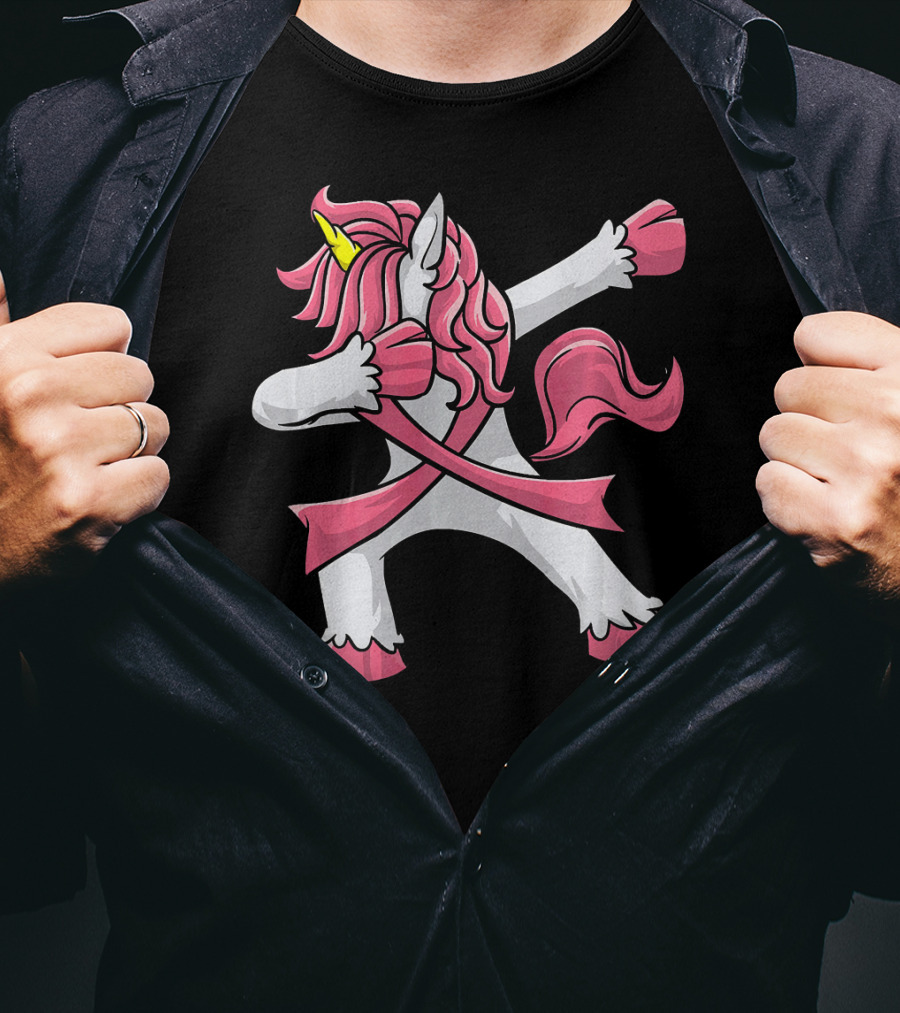 Pink Ribbon Dabbing Unicorn Breast Cancer Awareness T-Shirt