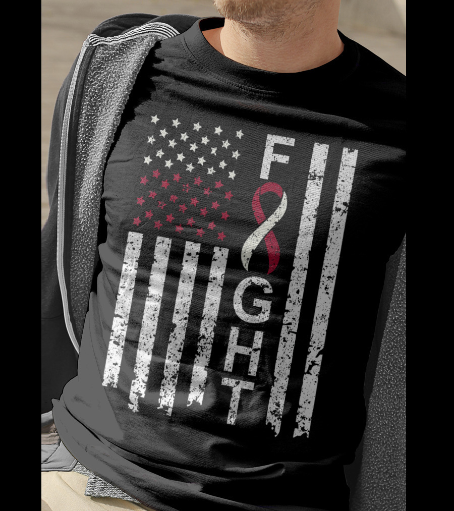 Head And Neck Cancer Awareness Fight Ribbon American Flag T-Shirt